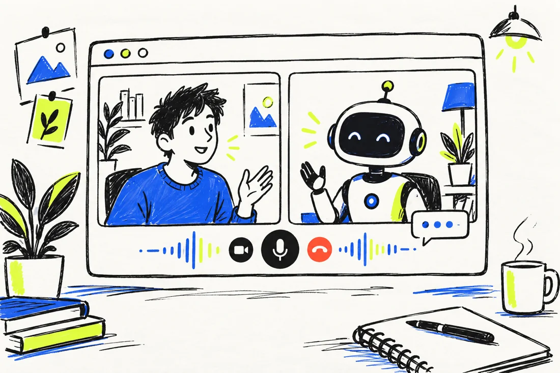 Hand-drawn live video interview between a candidate and an AI interviewer.