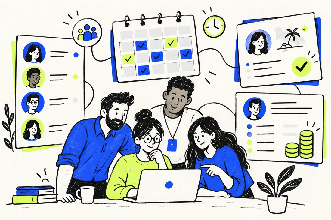 Hand-drawn HR workspace with a team, attendance calendar, payroll and leave approvals.