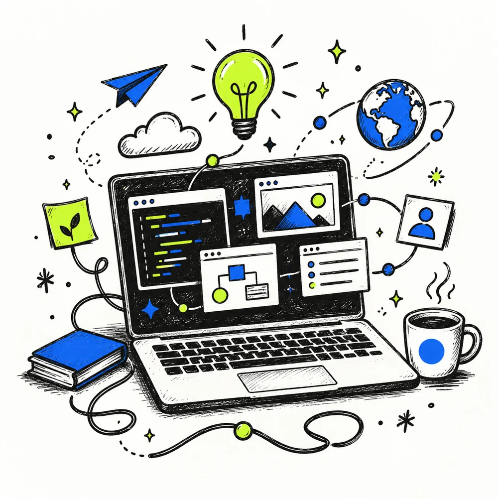 Hand-drawn laptop surrounded by ideas: a lightbulb, a paper plane, a globe, a coffee.