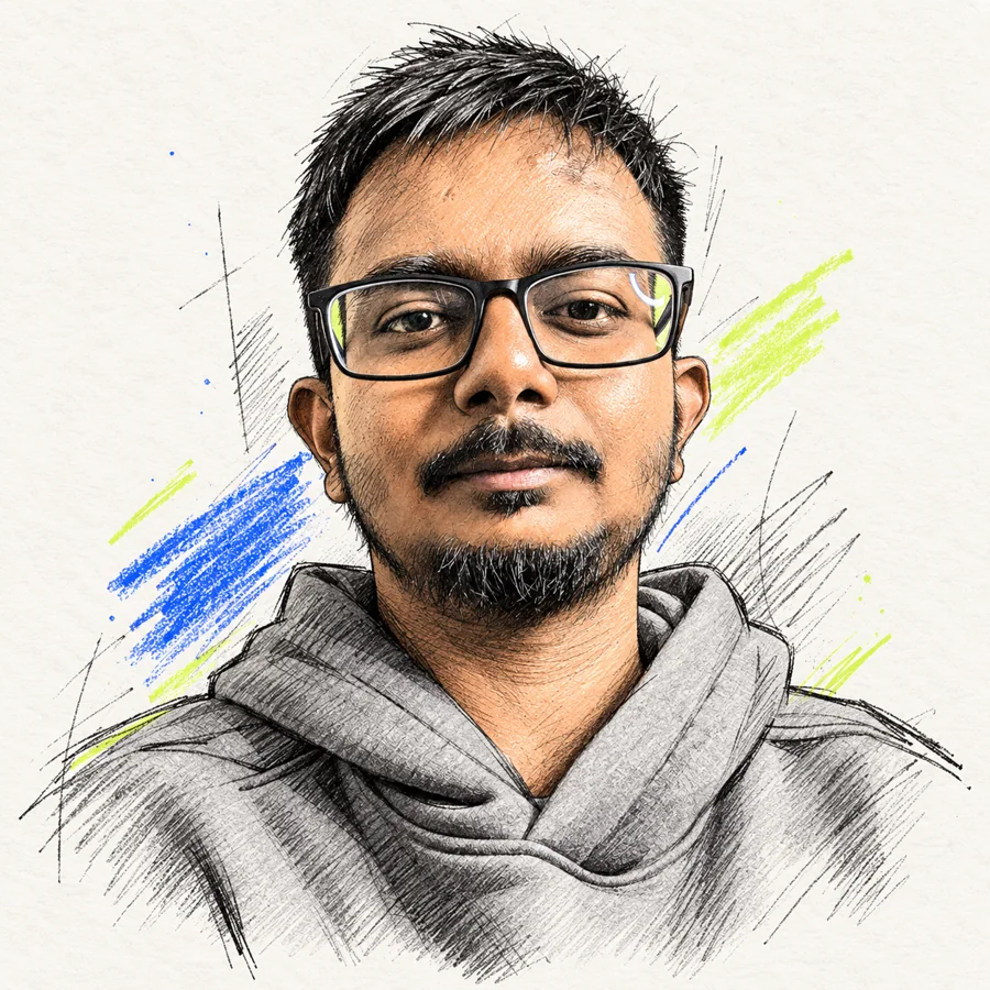 Illustrated portrait of Krishna Thorat, rectangular glasses, grey hoodie.