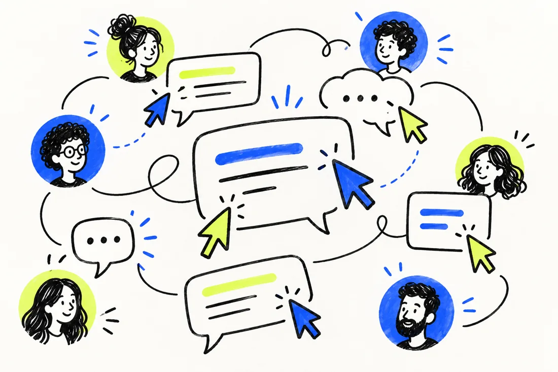 Hand-drawn comment threads, shared cursors and connected people collaborating in real time.