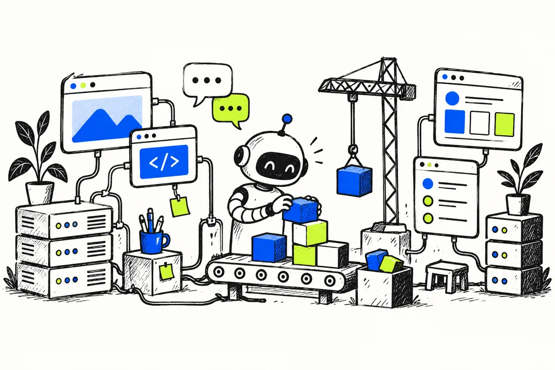 Hand-drawn robot stacking blocks on a conveyor between servers and screens.